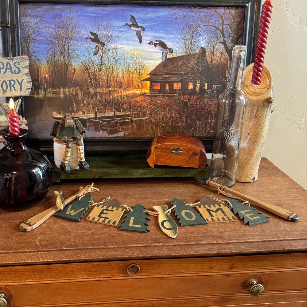 Rustic Cabin Wooden Welcome Sign Oars Fish Vintage Grandpa Fishing Decor - Picture 8 of 17